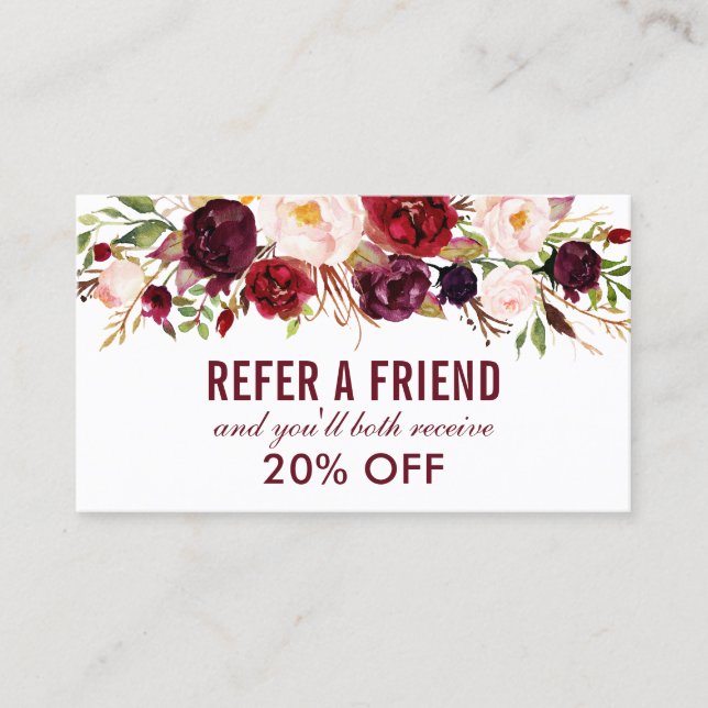 Elegant Burgundy Watercolor Floral Referral Visitenkarte (Vorderseite)