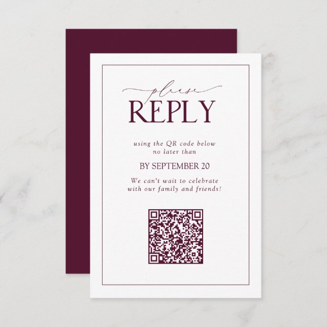 Elegant Burgundy Wedding QR Code Bitte beantworten RSVP Karte (Vorne/Hinten)