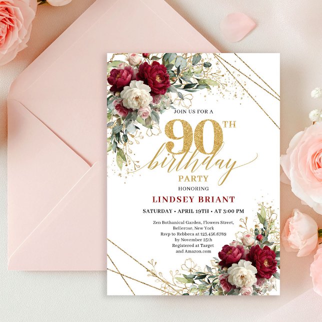 Elegant Burgundy White Floral Gold 90th Birthday  Einladung (Elegant Burgundy White Floral Gold 90th Birthday Invite)