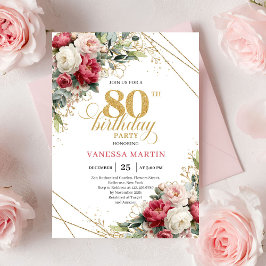 Elegant Burgundy White Gold 80th Birthday Invite Einladung