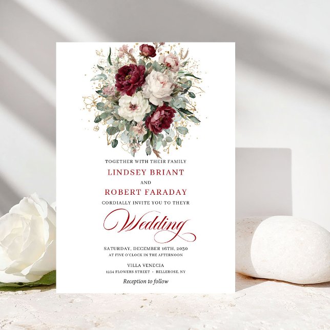 Elegant Burgundy White Gold Botanical Gold Wedding Einladung (Elegant Burgundy White Gold Botanical Wedding Invitation)
