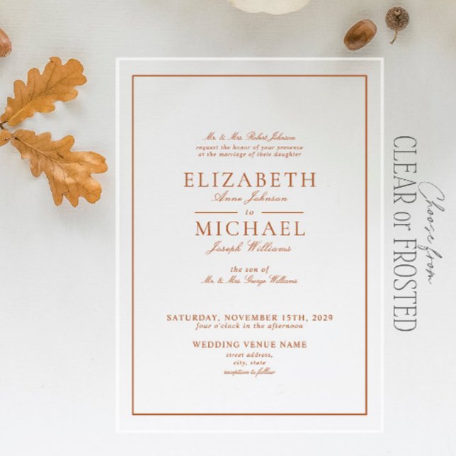 Elegant Burnt Orange Classic Script Wedding Acryleinladungen (Von Creator hochgeladen)