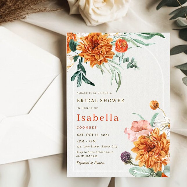 Elegant Burnt Orange Fall Floral Brautparty Einladung (Elegant Burnt Orange Fall Floral Bridal Shower Invitation)