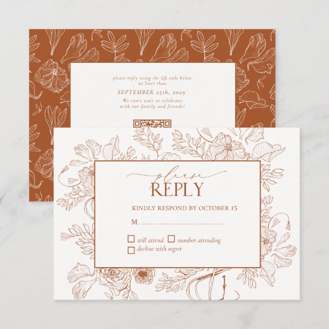 Elegant Burnt Orange Floral Line Art Wedding RSVP (Vorne/Hinten)