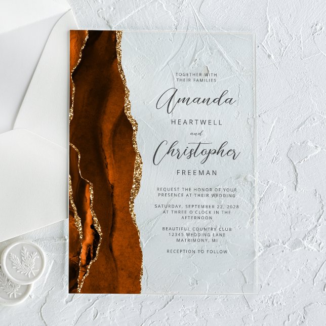 Elegant Burnt Orange Gold Agate Script Wedding Acryleinladungen (Von Creator hochgeladen)