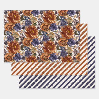 Elegant Burnt Orange Navy Blauer Herbst Herbstflor Geschenkpapier Set
