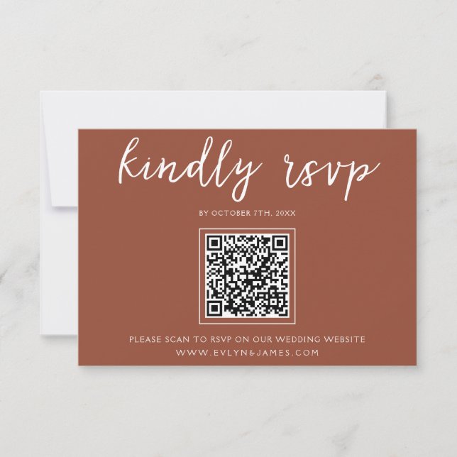 Elegant Burnt Orange Script QR Code Boho Wedding RSVP Karte (Vorderseite)