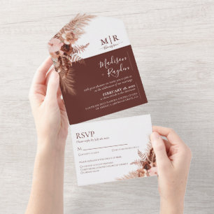 Elegant Burnt Orange Terracotta Pampas Wedding All In One Einladung