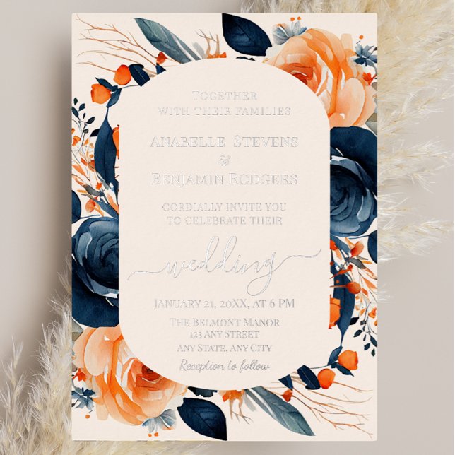 Elegant Burnt Orange und Navy Blue Floral Wedding Folieneinladung (Von Creator hochgeladen)