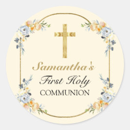 Elegant Buttercreme Floral 1. Heilige Kommunion Runder Aufkleber