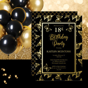 Elegant Butterflies 18. Geburtstagsparty Black Gol Folieneinladung