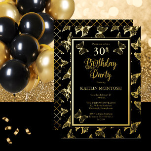 Elegant Butterflies 30. Geburtstag Party Black Gol Folieneinladung
