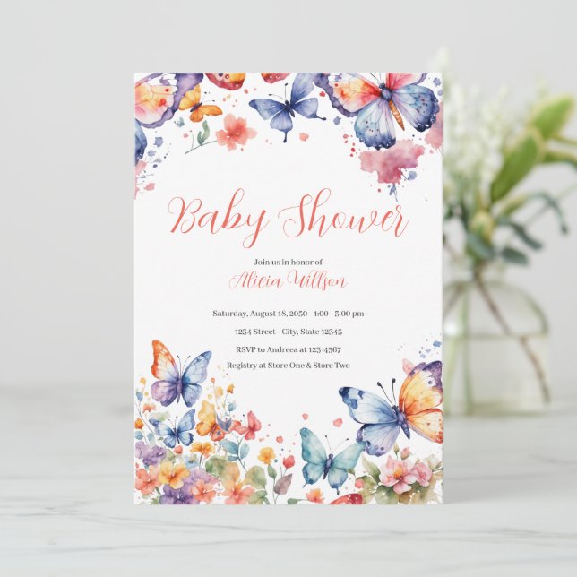 Elegant Butterfly Baby Shower Einladung (Stehend Vorderseite)