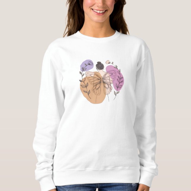 Elegant Butterfly Fairy Woman Line Art T-Shirt Sweatshirt (Vorderseite)