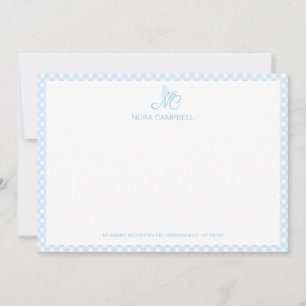 Elegant Butterfly Monogram Baby Blue Gingham Karie Mitteilungskarte