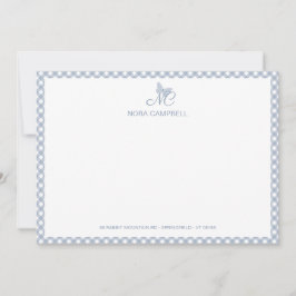 Elegant Butterfly Monogram Dusty Blue Gingham Mitteilungskarte