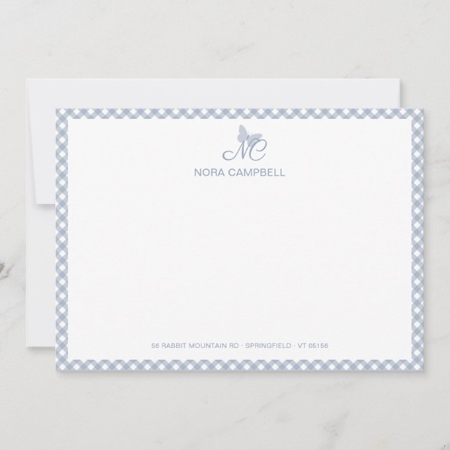 Elegant Butterfly Monogram Dusty Blue Gingham Mitteilungskarte (Vorderseite)