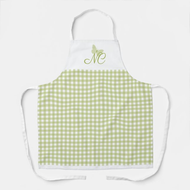 Elegant Butterfly Monogram Green Gingham Karo Schürze (Vorderseite)