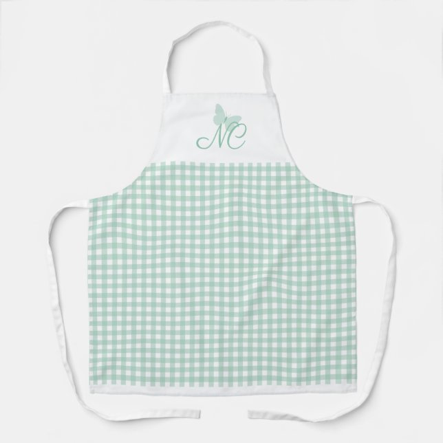 Elegant Butterfly Monogram Mint Gingham Karo Schürze (Vorderseite)