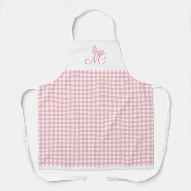 Elegant Butterfly Monogram Peach Pink Gingham Schürze (Vorderseite)