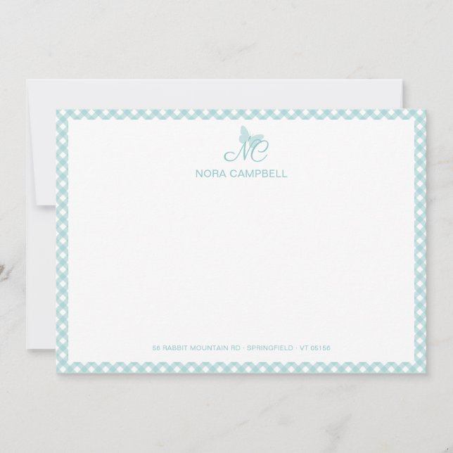 Elegant Butterfly Monogram Turquoise Gingham Mitteilungskarte (Vorderseite)