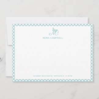 Elegant Butterfly Monogram Turquoise Gingham Mitteilungskarte