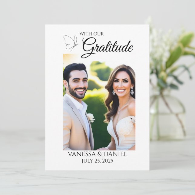 Elegant Butterfly Wedding Foto Danke Karte (Stehend Vorderseite)