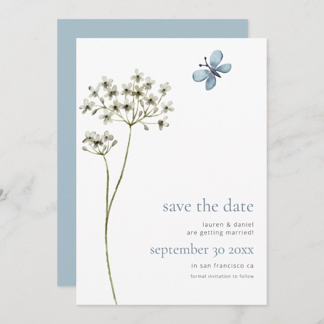 Elegant Butterfly Wildblume QR Code Blue Wedding Save The Date (Vorne/Hinten)