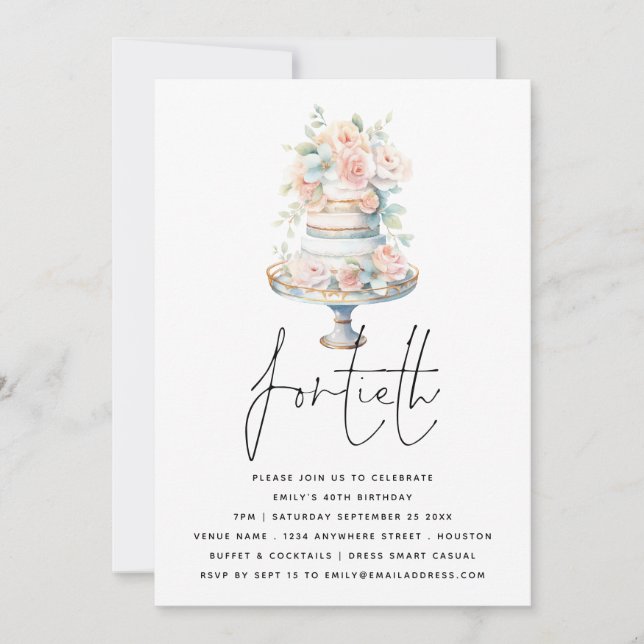 Elegant Cake Dusty Pink Peach Script 40th Birthday Einladung (Vorderseite)