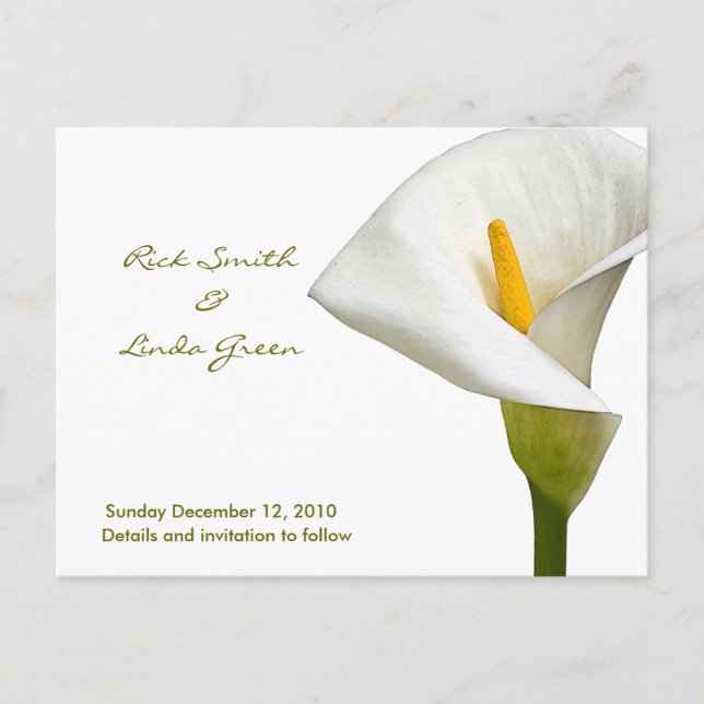 Elegant Cala Lily - Save the Date weiß Ankündigungspostkarte (Vorderseite)