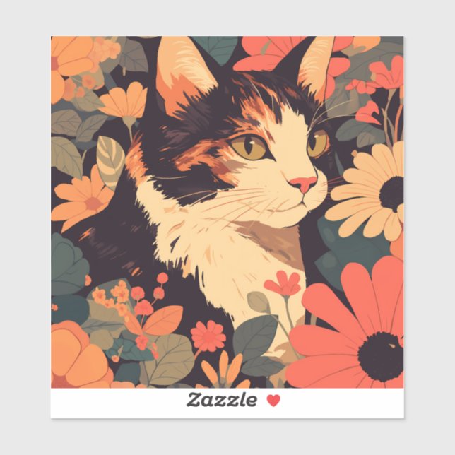 Elegant Calico Cat im Blumengarten Vinyl Sticker (Blatt)