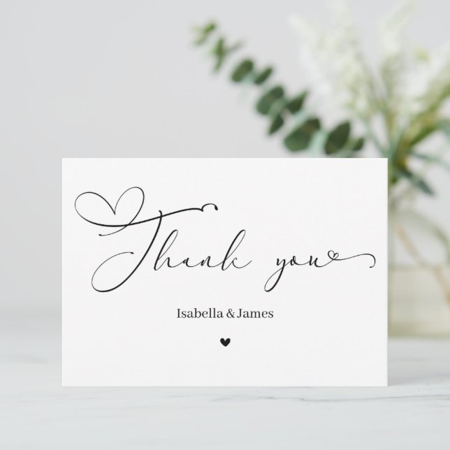 Elegant Calligraph Simple Heart Wedding  Dankeskarte (Stehend Vorderseite)