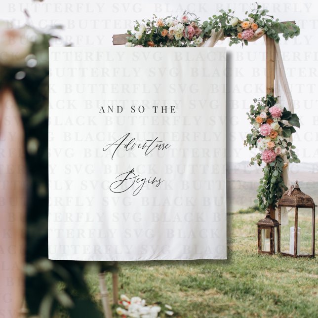 Elegant Calligraphy “And So The Adventure Begins”  Wandteppich (and so the adventure begins wedding photo backdrop banner )
