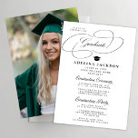 Elegant calligraphy black and white graduation einladung<br><div class="desc">Stylish script simple minimalist black and white senior high school,  college or university graduation ceremony and party invitation template with the graduate's photo.              Easy to personalize with your details!</div>