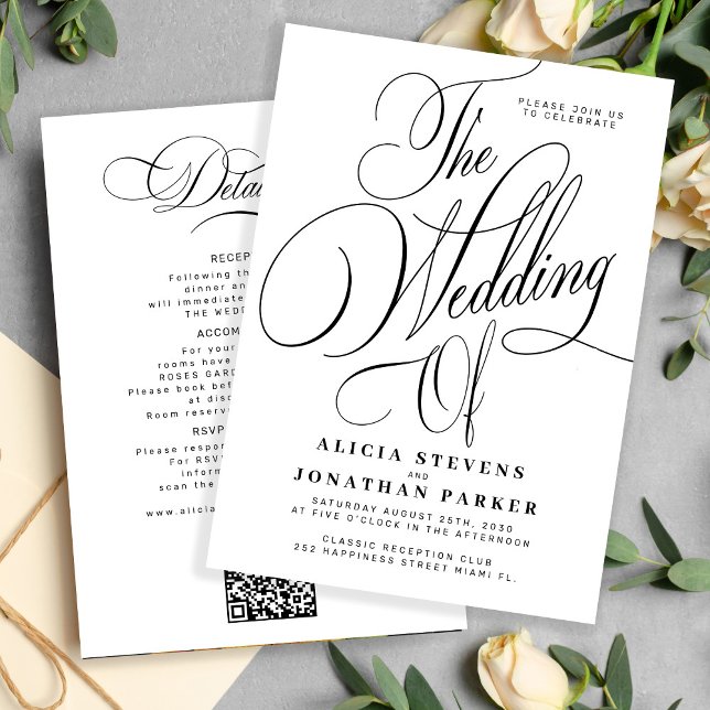Elegant calligraphy black white all in one wedding einladung (Von Creator hochgeladen)