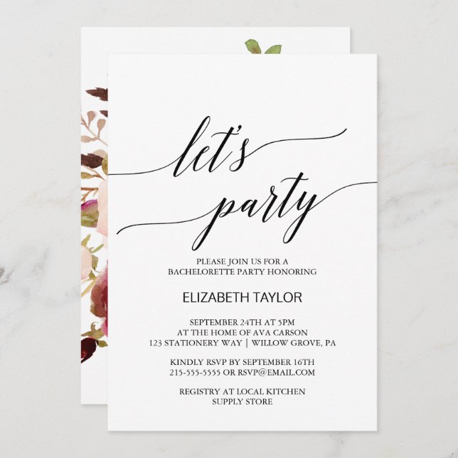 Elegant Calligraphy | Blumenunterlage Party Einladung (Vorne/Hinten)