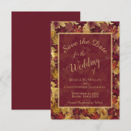 Elegant Calligraphy Burgundy & Gold Leaves Wedding Save The Date