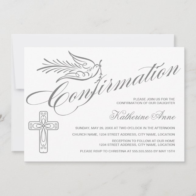 Elegant Calligraphy Cross and Dove Confirmation Einladung (Vorderseite)