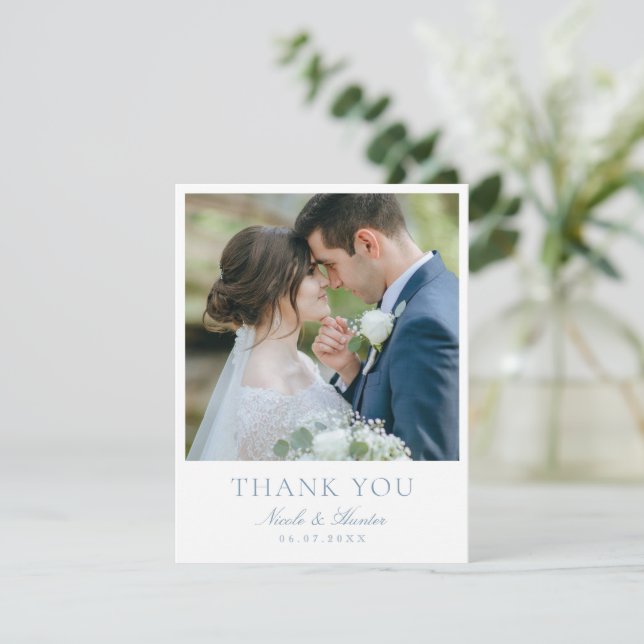 Elegant Calligraphy Custom Wedding Photo Thank You Dankeskarte (Stehend Vorderseite)
