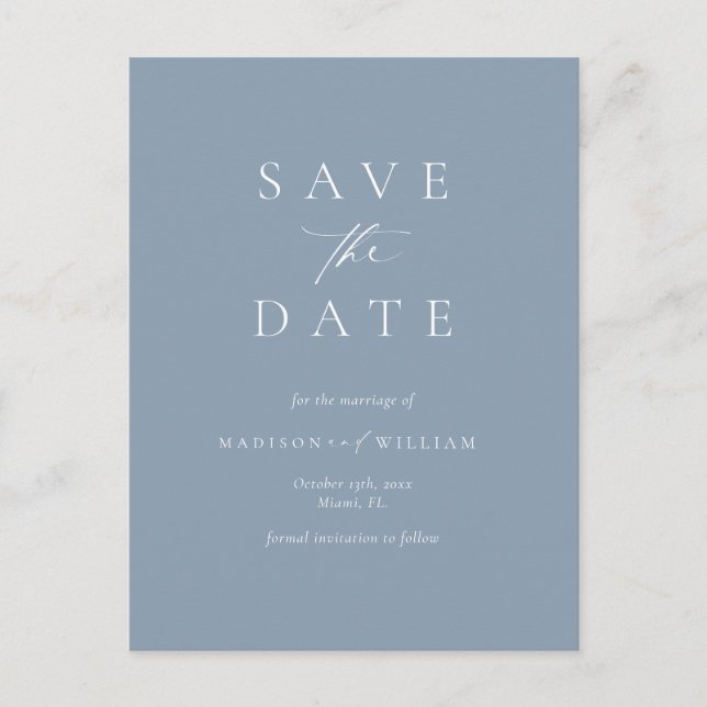 Elegant Calligraphy Dusty Blue Save the Date Postkarte (Vorderseite)