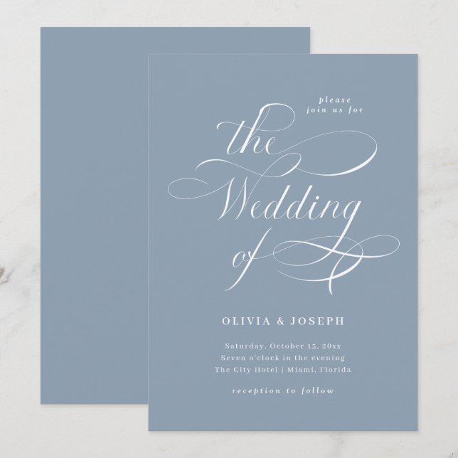 Elegant Calligraphy | Dusty Blue Wedding Einladung (Vorne/Hinten)