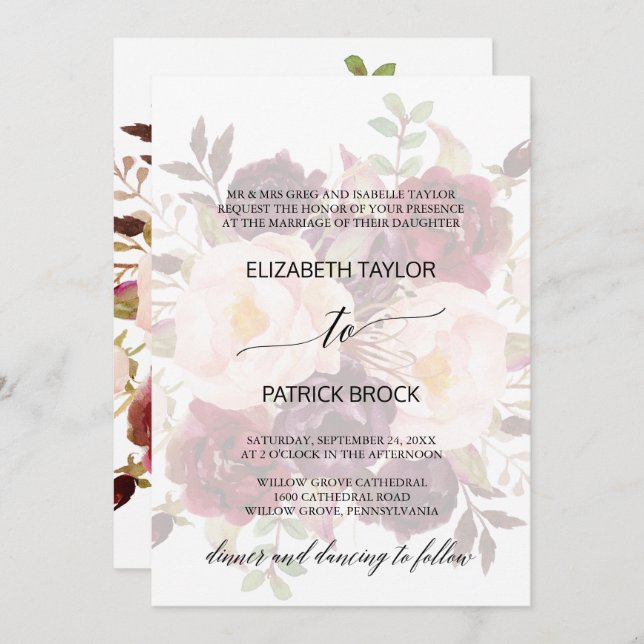 Elegant Calligraphy | Faded Floral Formal Wedding Einladung (Vorne/Hinten)
