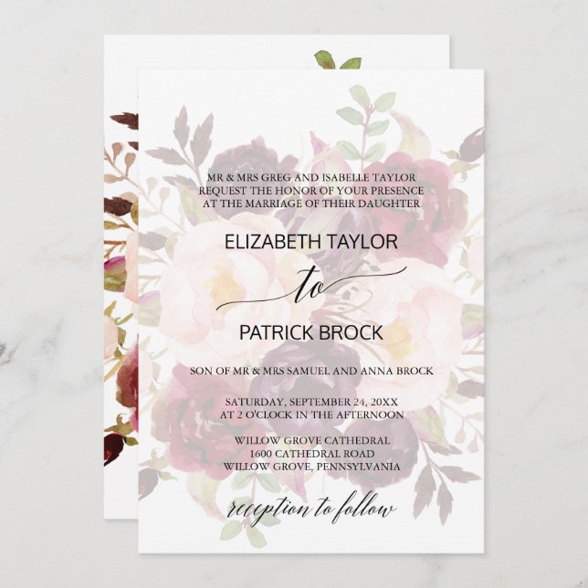 Elegant Calligraphy | Faded Floral Formal Wedding Einladung (Vorne/Hinten)