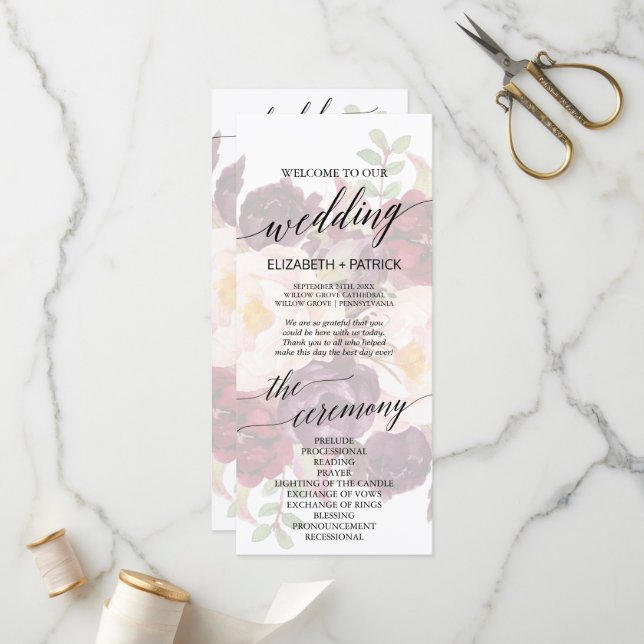 Elegant Calligraphy | Faded Floral Wedding Program Programm (Vorderseite/Rückseite Beispiel)