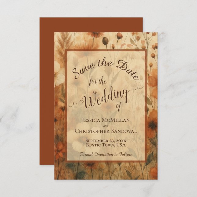 Elegant Calligraphy Fall Boho Wildflowers Wedding Save The Date (Vorne/Hinten)