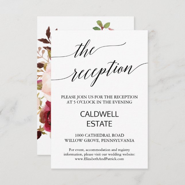 Elegant Calligraphy | Floral Back Empfang Card Begleitkarte (Vorne/Hinten)