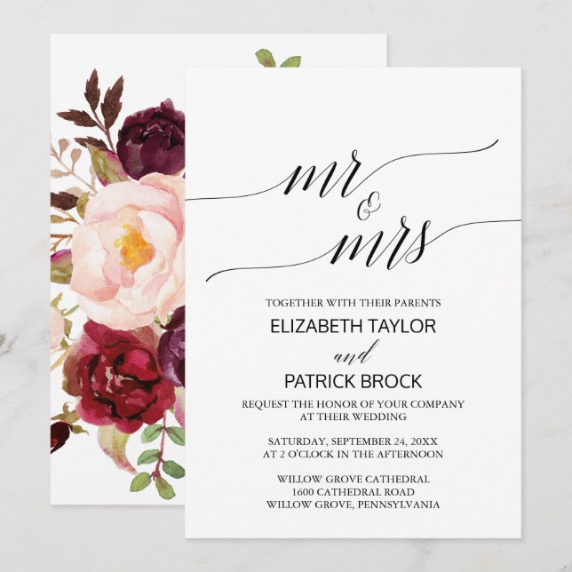 Elegant Calligraphy | Floral "Mr & Mrs." Hochzeit Einladung (Vorne/Hinten)