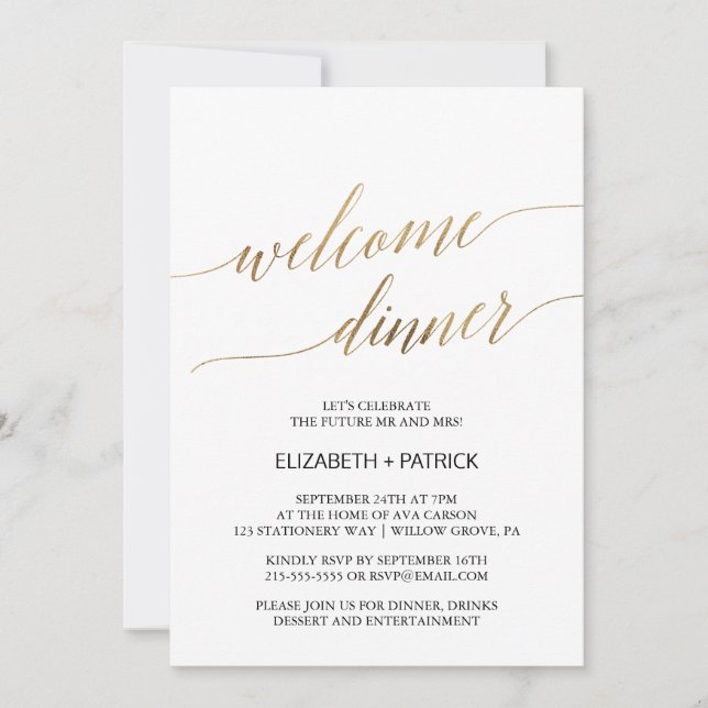 Elegant Calligraphy | Gold Welcome Dinner Einladung (Vorderseite)