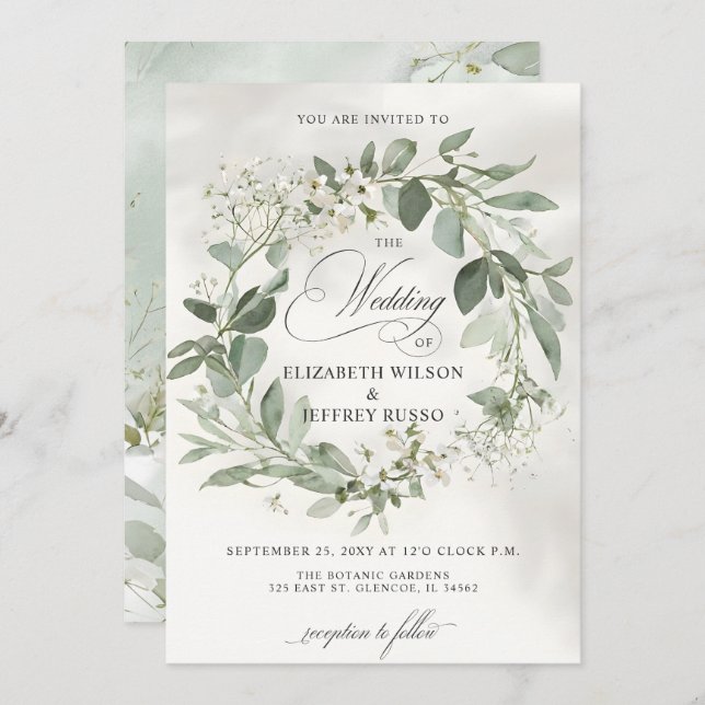 Elegant Calligraphy Greenery Eucalyptus Wedding Einladung (Vorne/Hinten)