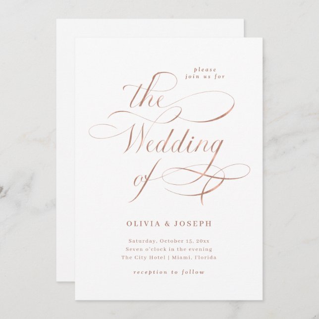 Elegant Calligraphy | Imitats Rose Gold Wedding Einladung (Vorne/Hinten)